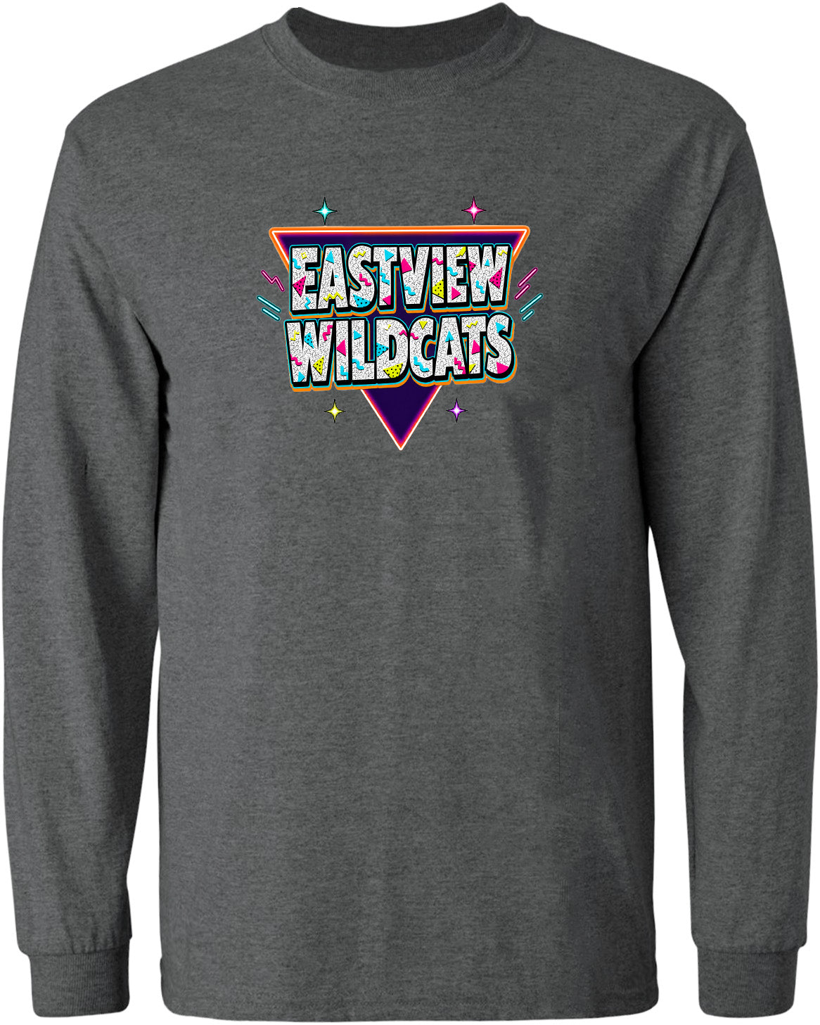 A gray long-sleeved shirt with a colorful graphic design featuring the text "EASTVIEW WILDCATS" in a retro style.