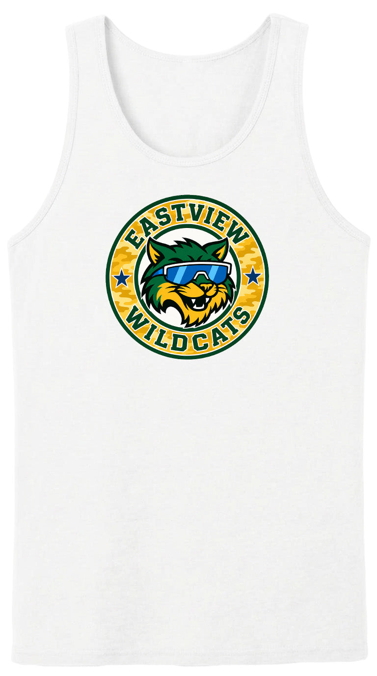 A white tank top with a circular logo featuring a cartoon cat wearing sunglasses and the text "EASTVIEW WILDCATS".