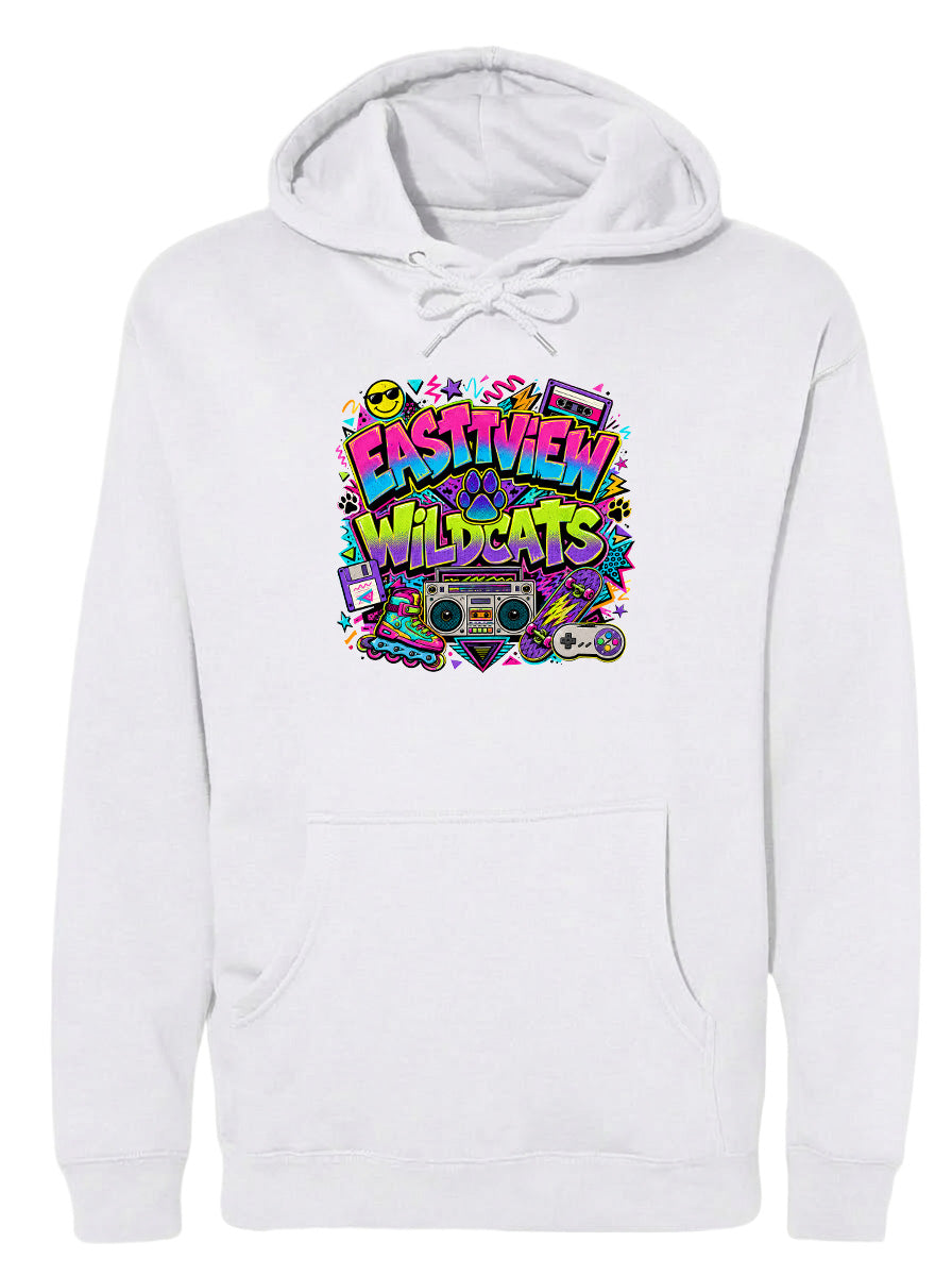 A white hoodie with a colorful graphic design featuring a boombox, sunglasses, and other retro-style elements.