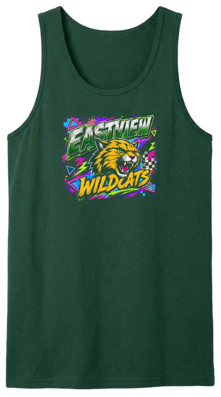 A green tank top with a graphic design featuring a cartoon-like wildcat's head surrounded by colorful, abstract shapes and text.