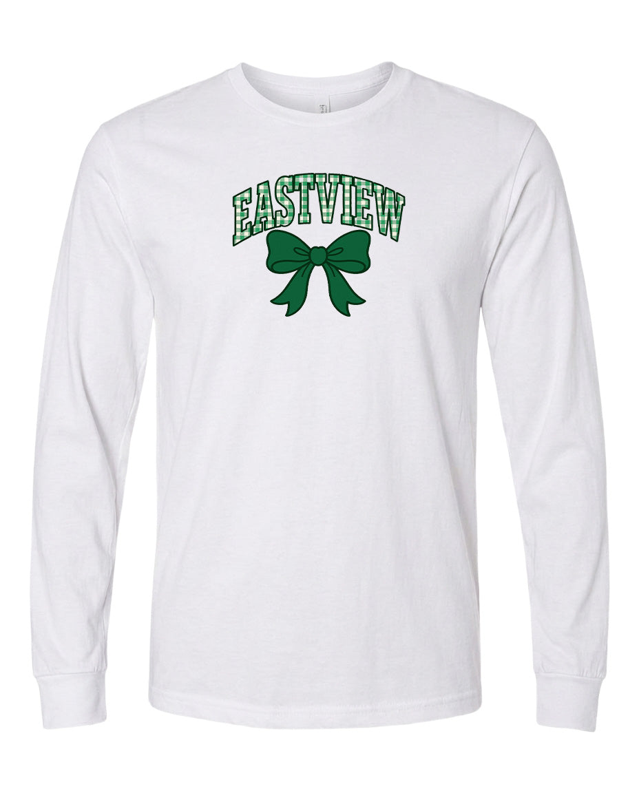 A white long-sleeved t-shirt with a green bow and the word "EASTVIEW" printed on it.