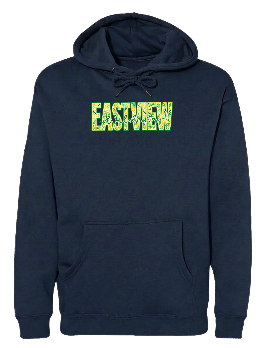 A navy blue hoodie with the word "EASTVIEW" printed in yellow letters across the front.