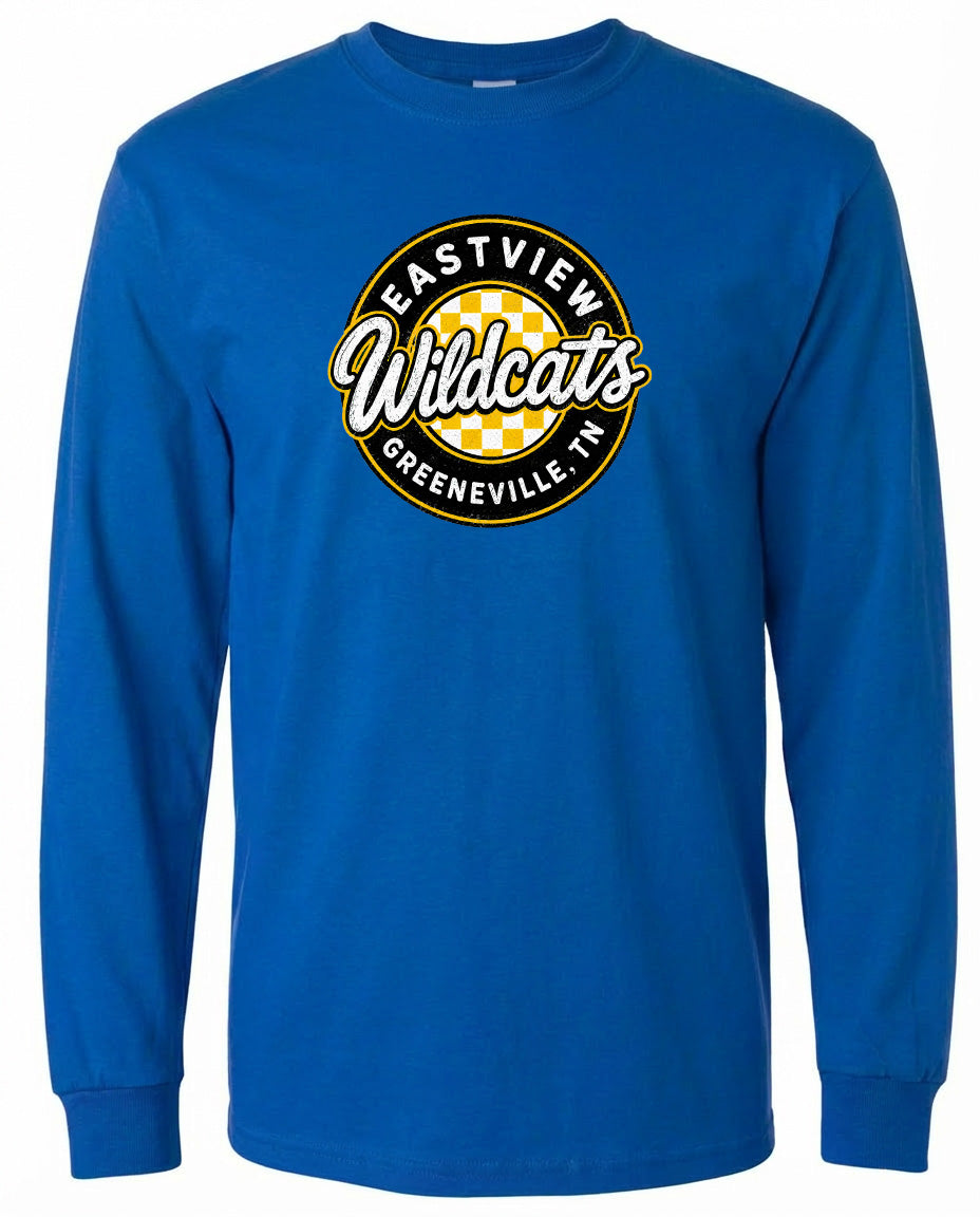 A blue long-sleeved t-shirt with a logo on it.