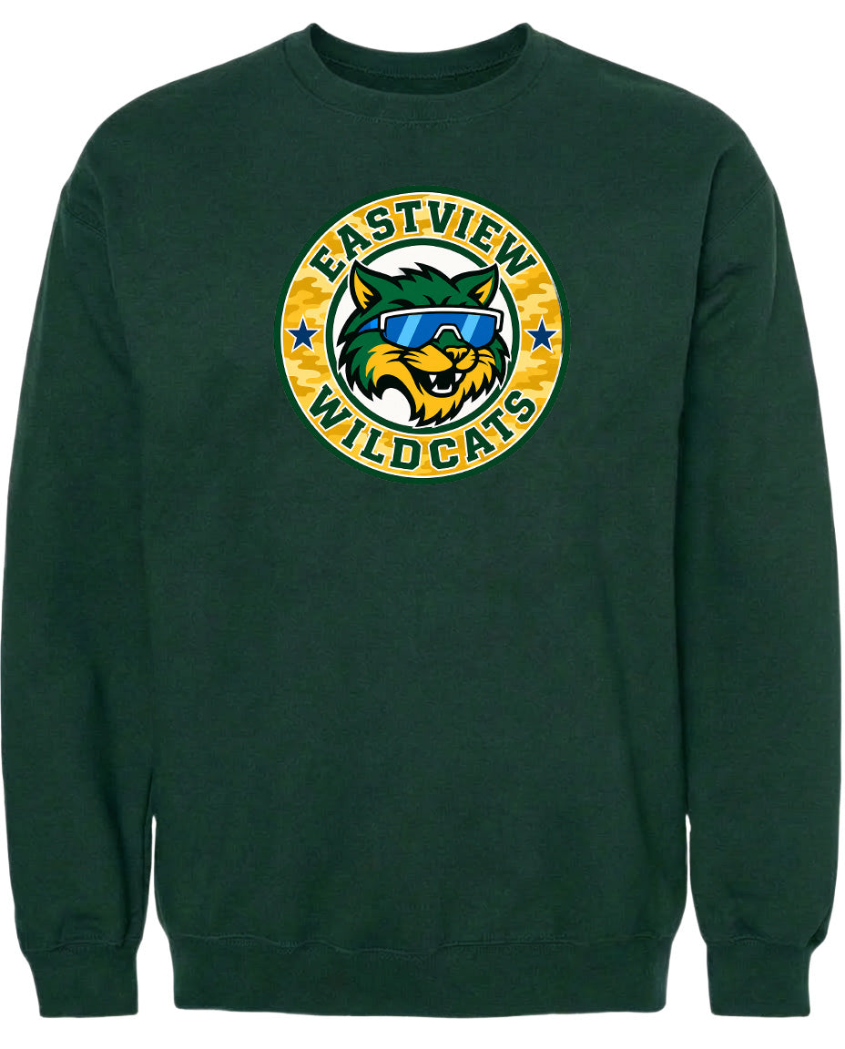 A dark green sweatshirt with a logo featuring a cartoon cat wearing sunglasses.