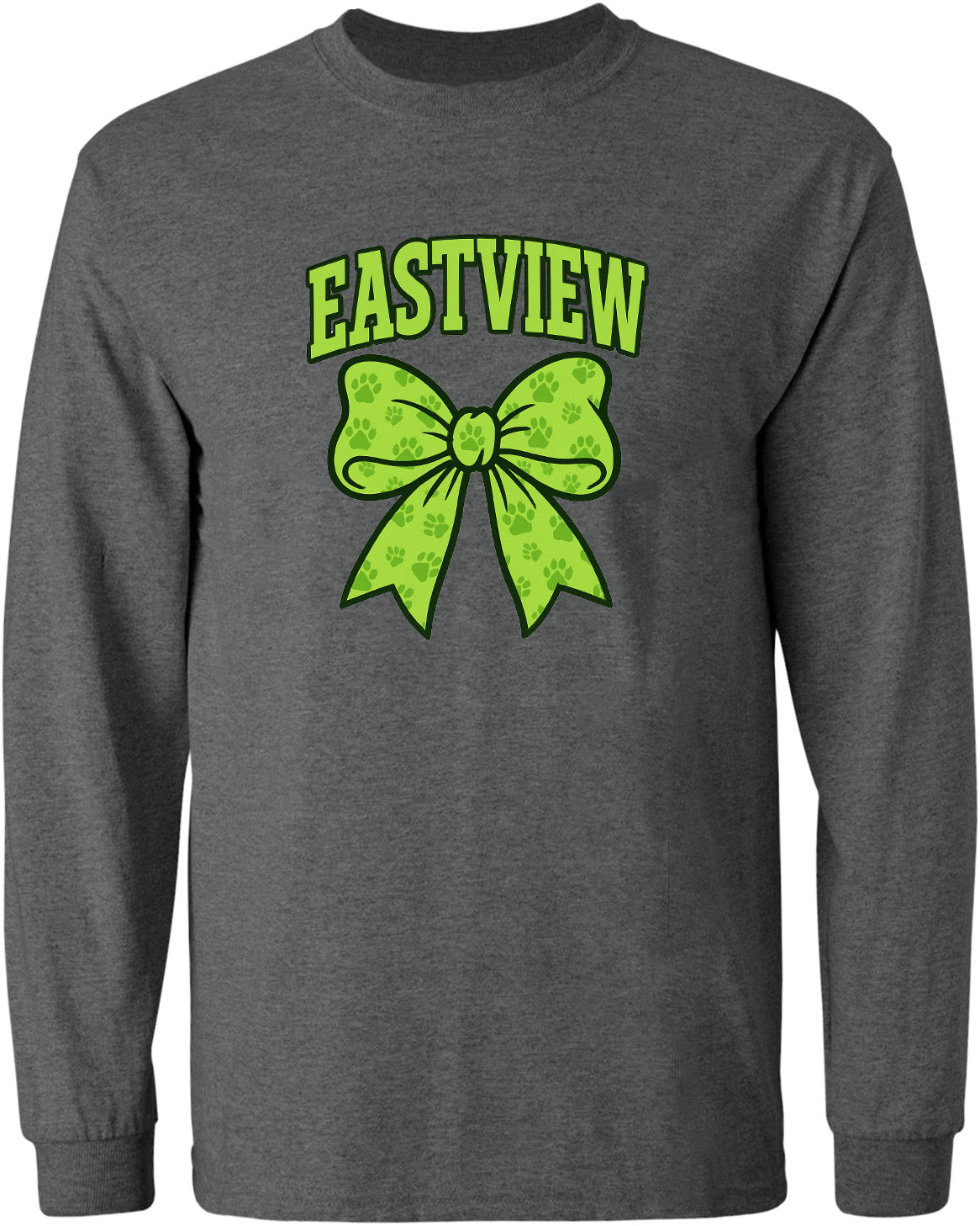 A gray long-sleeved shirt with a green bow and the word "EASTVIEW" printed on it.