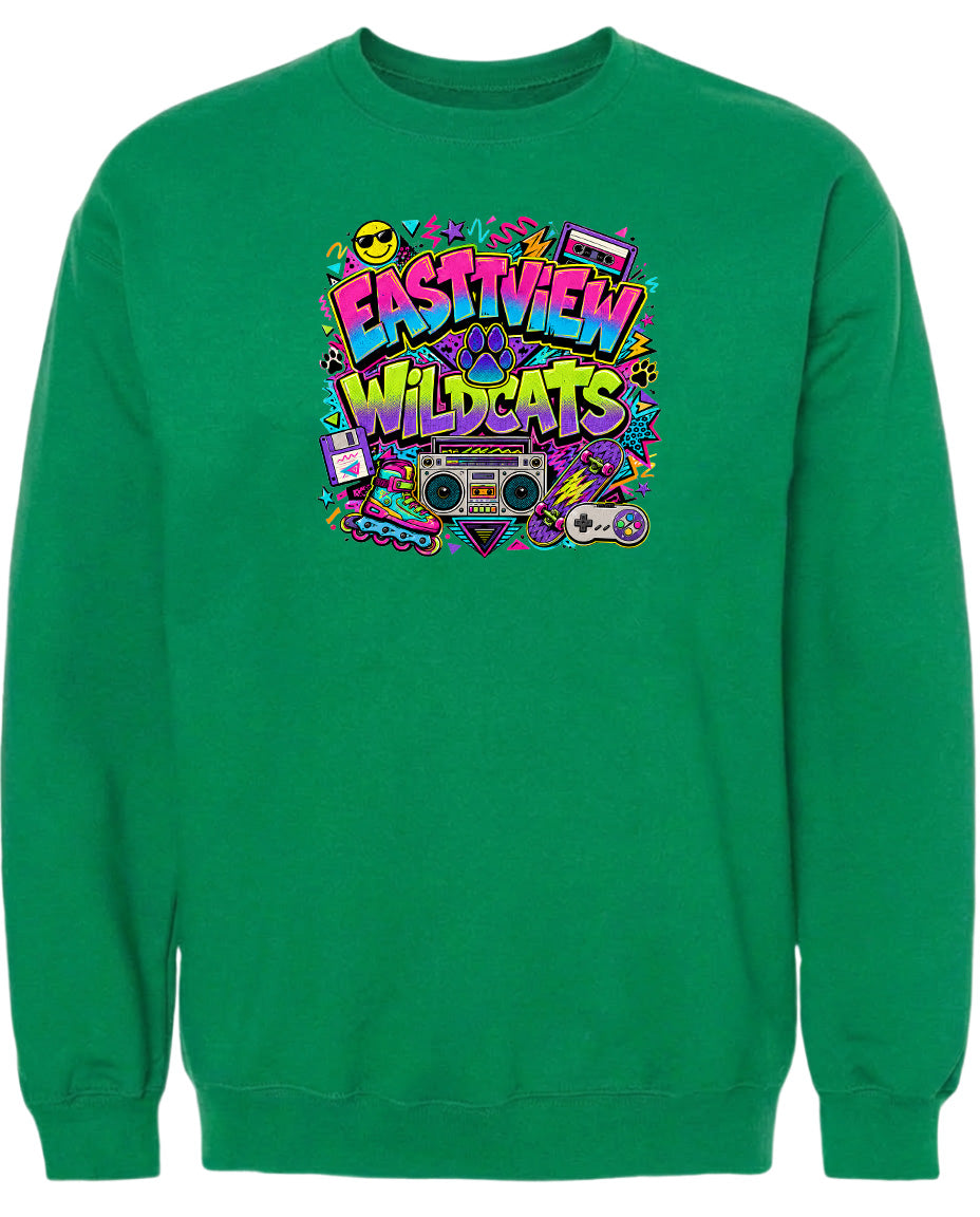 A green sweatshirt with a colorful graphic design featuring the text "EASTVIEW WILDCATS" surrounded by various icons and symbols, such as a boombox, cassette tape, and other retro-style elements.