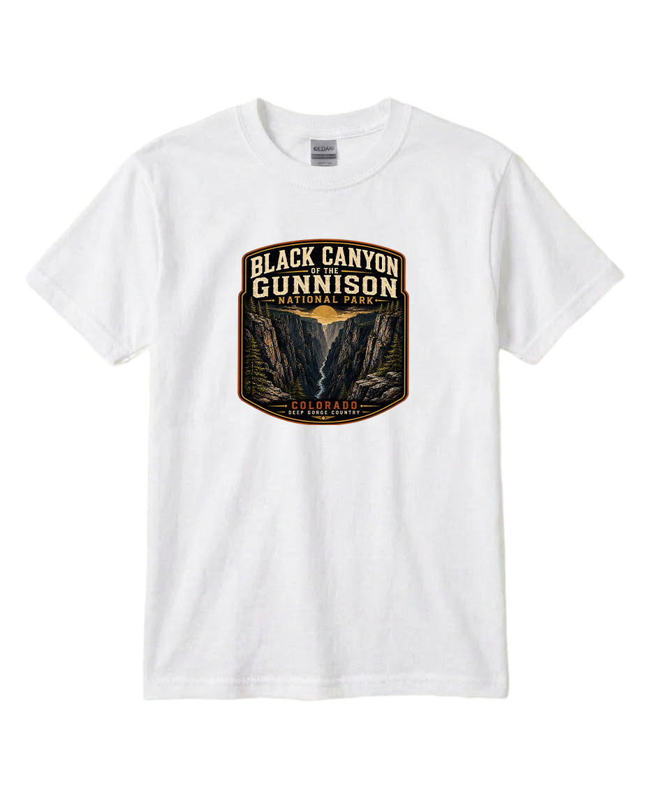 A white t-shirt with a graphic design depicting the Black Canyon of the Gunnison National Park.