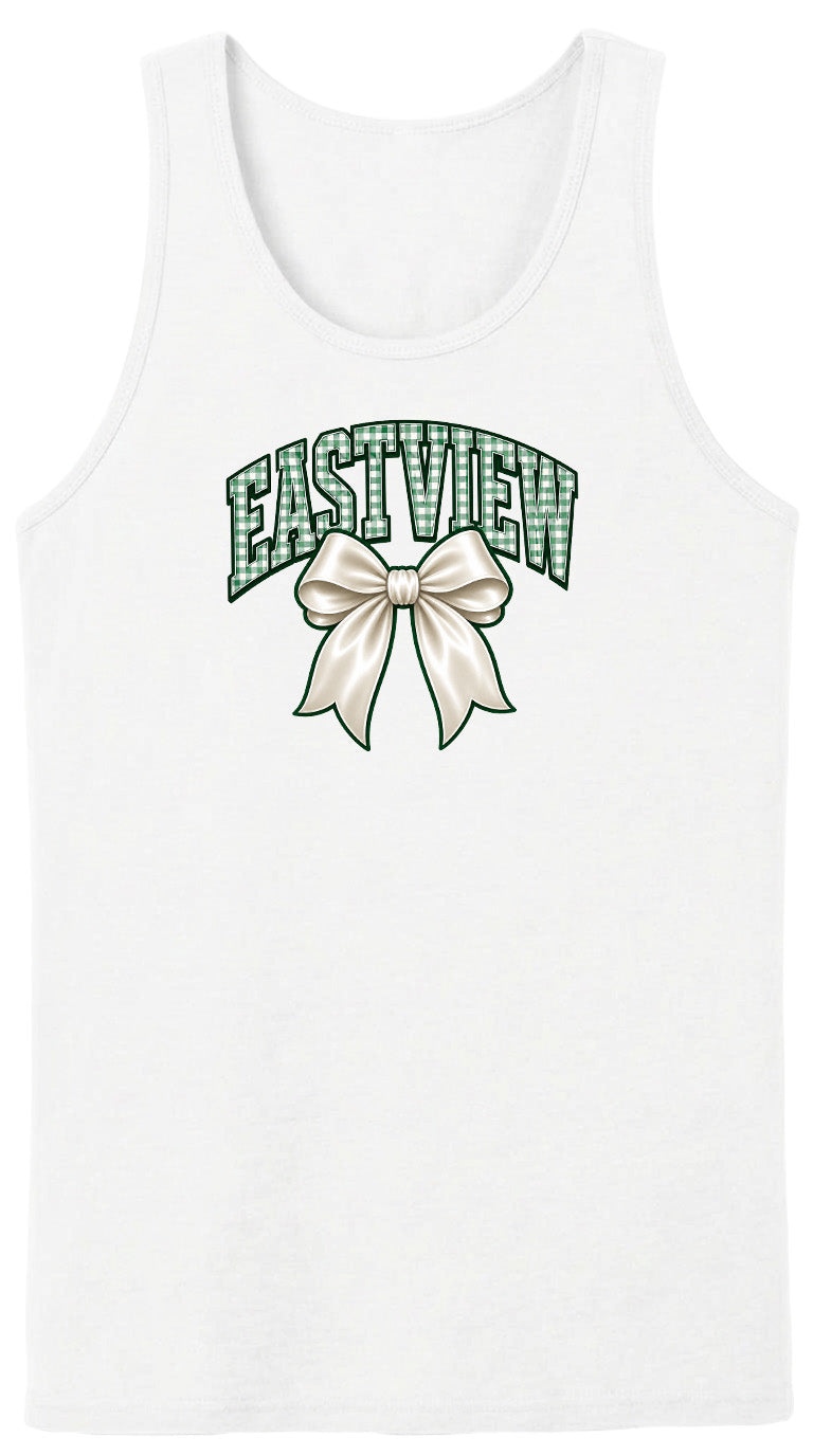 A white tank top with a green bow and the word "EASTVIEW" printed on it.