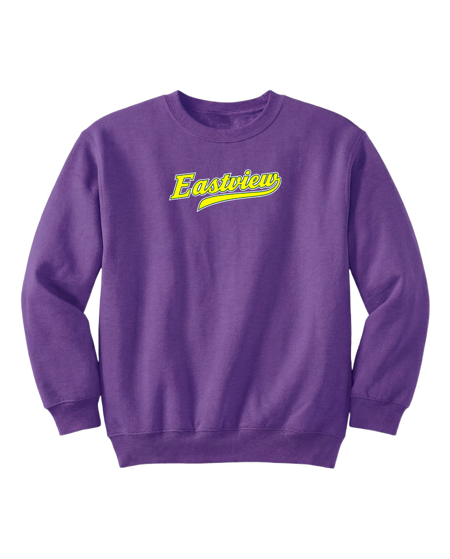 A purple sweatshirt with the word "Eastview" printed on it in yellow text.