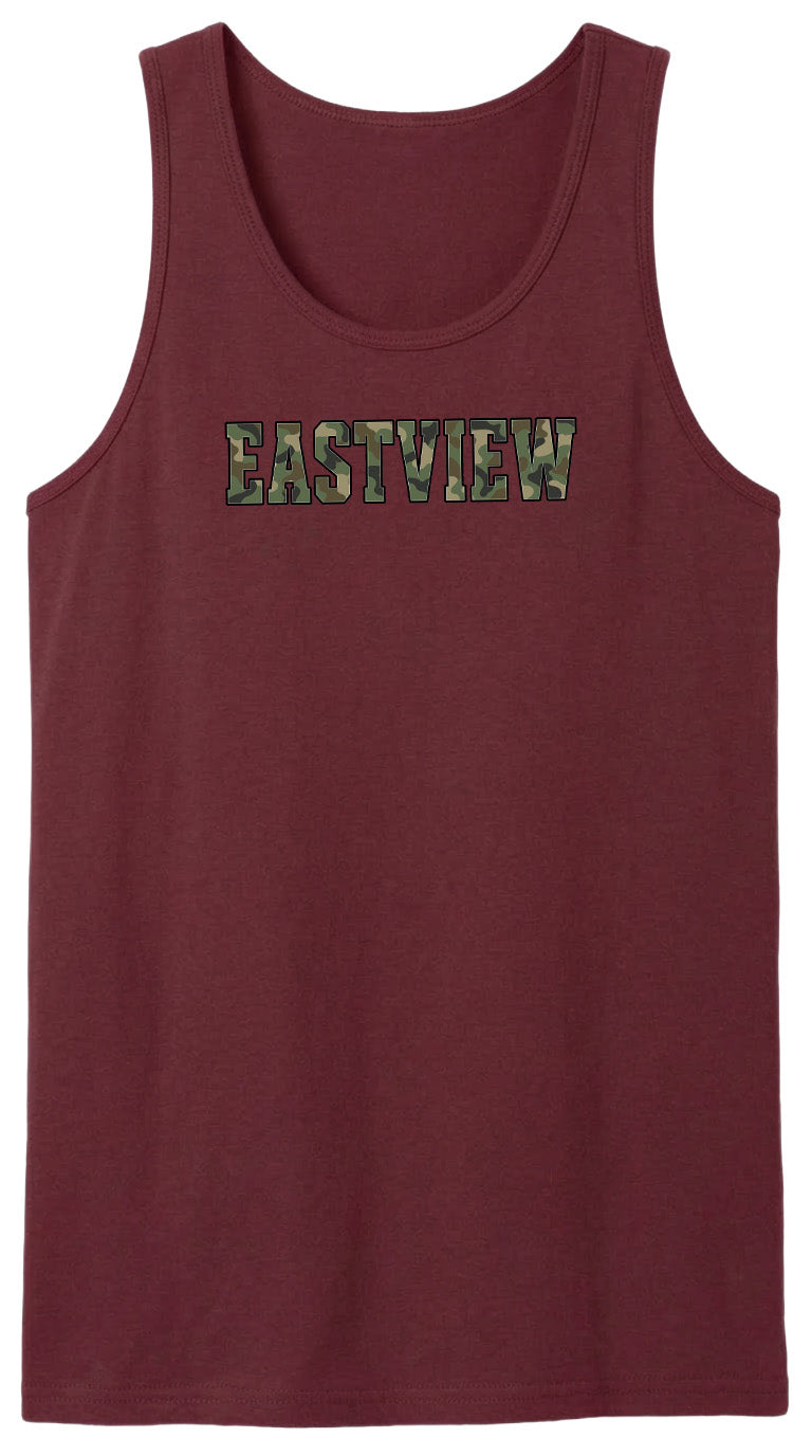 A maroon tank top with the word "EASTVIEW" printed on it in a camouflage pattern.