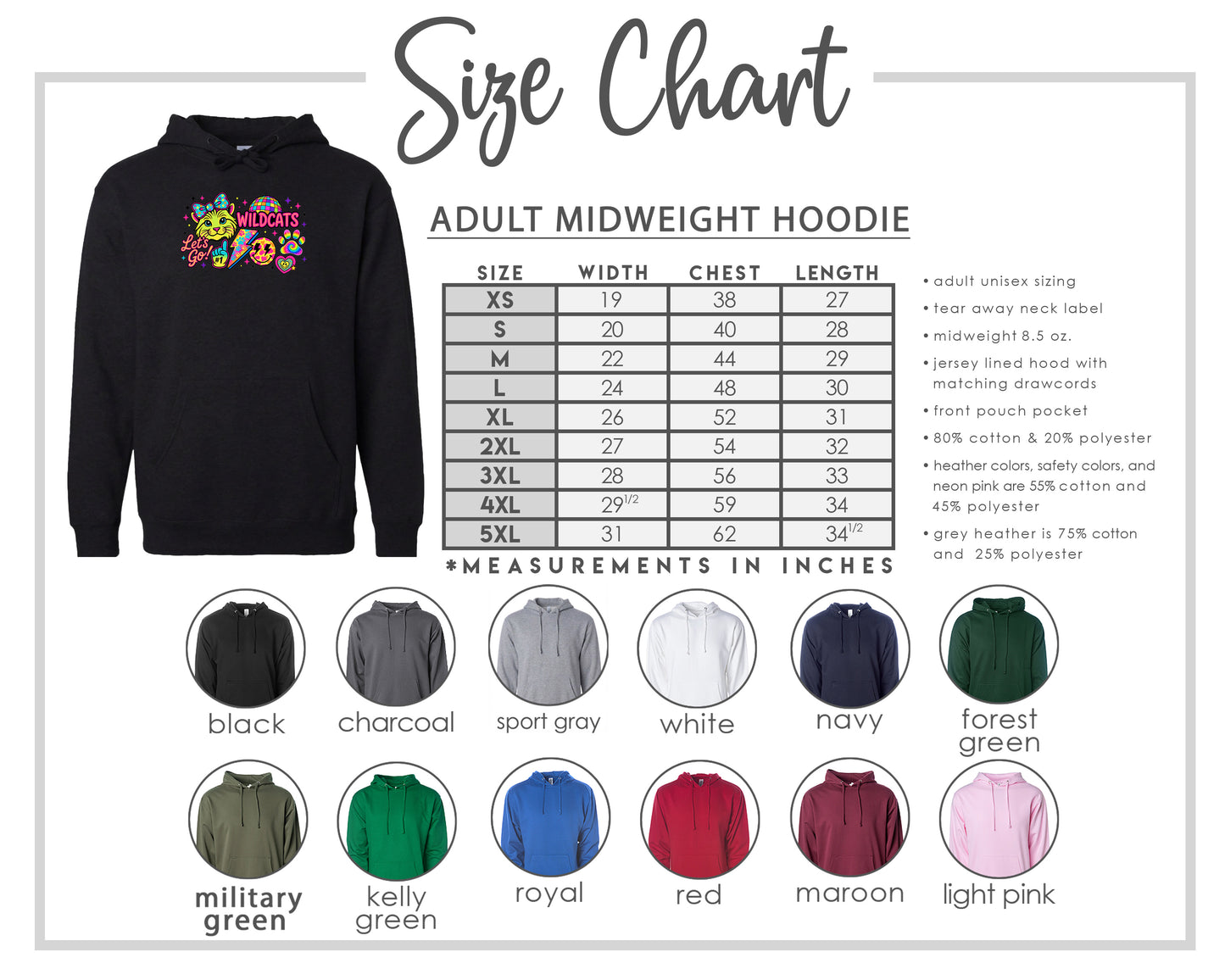 The image is a size chart for an adult midweight hoodie, including various color options and corresponding measurements in inches.