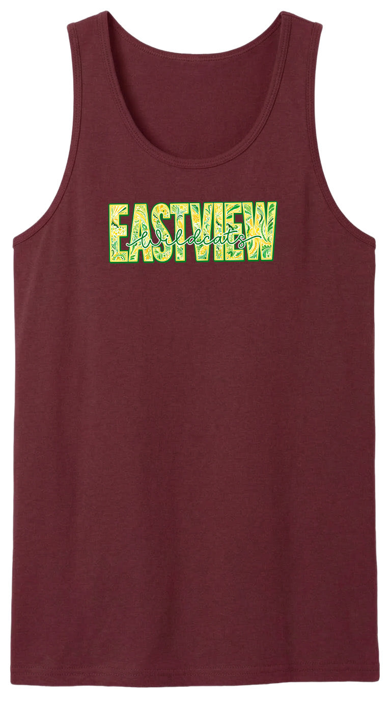 A burgundy tank top with the word "EASTVIEW" printed in green and yellow letters.