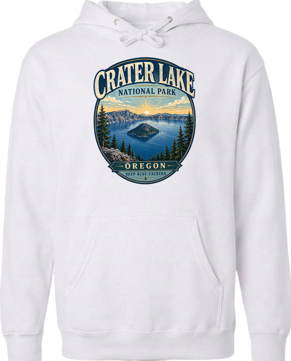 A white hoodie with a graphic design depicting Crater Lake National Park in Oregon.