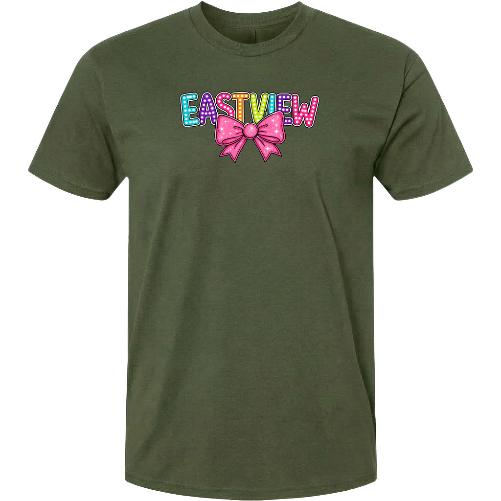 A green t-shirt with a colorful graphic design featuring the word "EASTVIEW" with a bow on the left side.