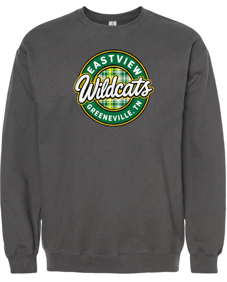 A gray sweatshirt with a circular logo on the front. The logo features the text "EASTVIEW WILDCATS GREENEVILLE TENN."