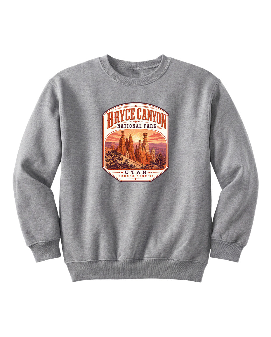 A gray sweatshirt with a graphic design depicting the Bryce Canyon National Park in Utah.