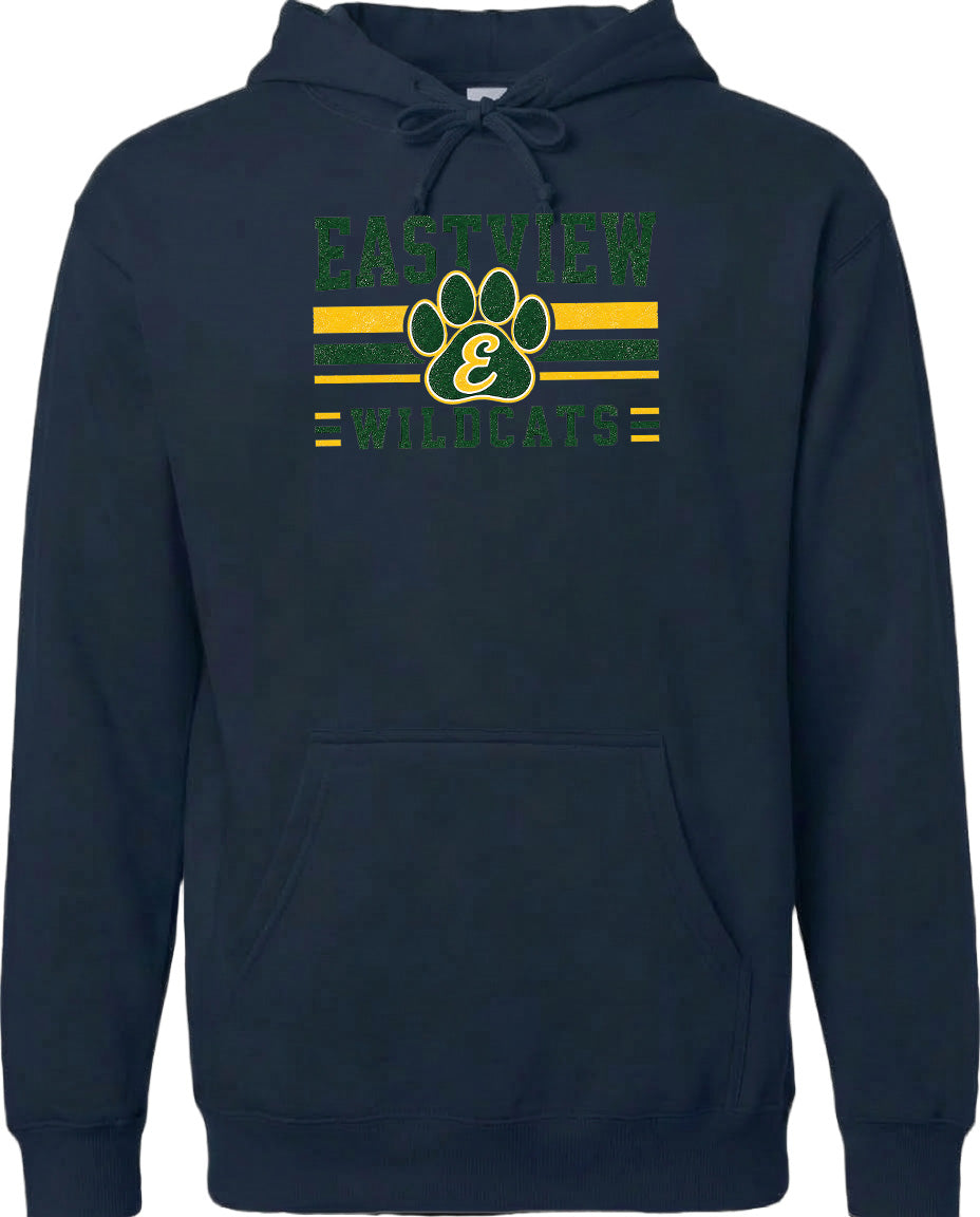 A navy blue hoodie with a graphic design featuring a paw print and the text "EASTVIEW WILDCATS" printed on it.