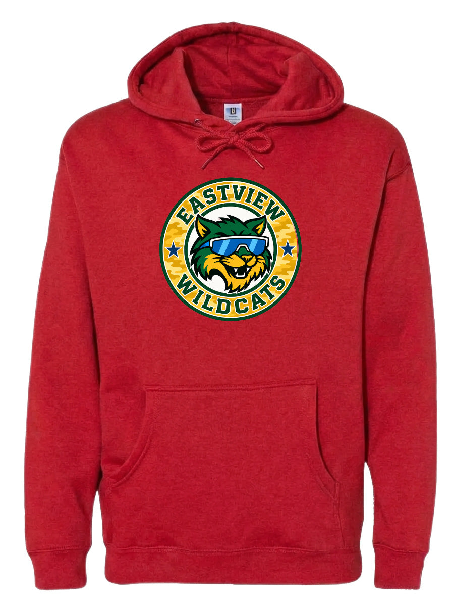 A red hoodie with a logo on the front.