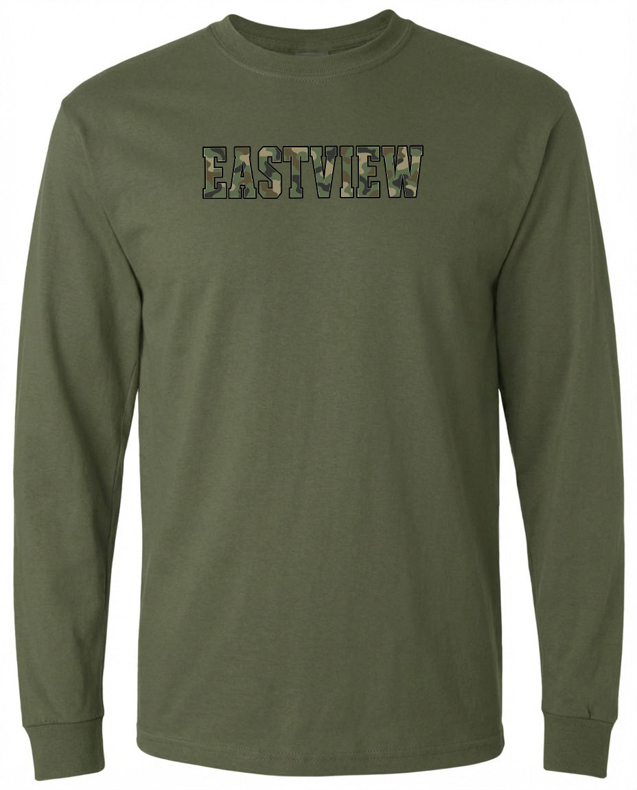 A long-sleeved olive green t-shirt with the word "EASTVIEW" printed on it in a camouflage pattern.