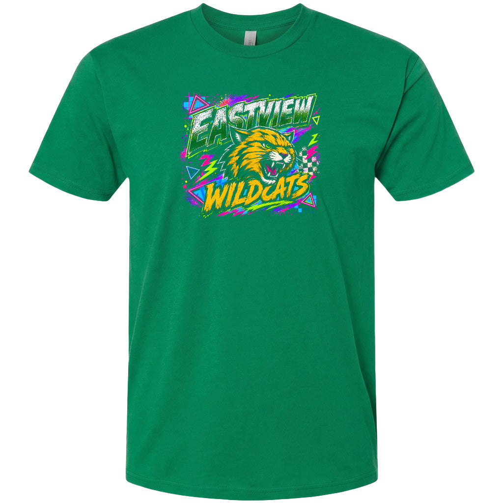 A green t-shirt with a graphic design featuring a stylized depiction of a wildcat and the text "EASTVIEW WILDCATS" printed on it.