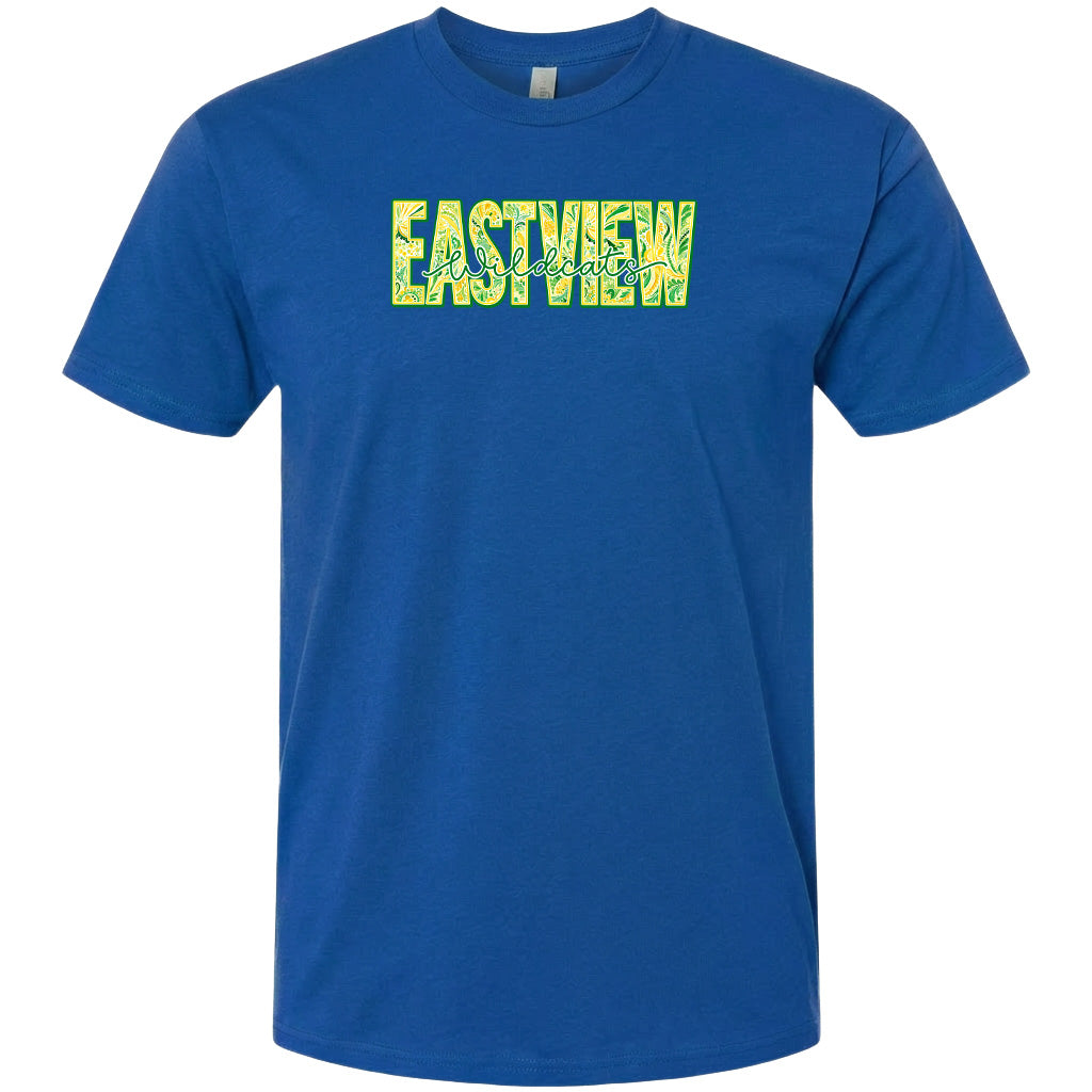 A blue t-shirt with the word "EASTVIEW" printed in yellow letters.