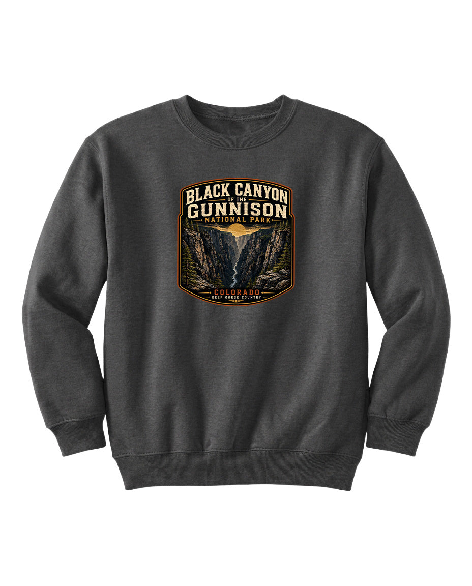 A gray sweatshirt with a graphic design depicting the Black Canyon of the Gunnison National Park.