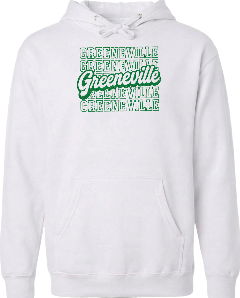 A white hoodie with a graphic design featuring the text "Greeneville" repeated in a stylized font.