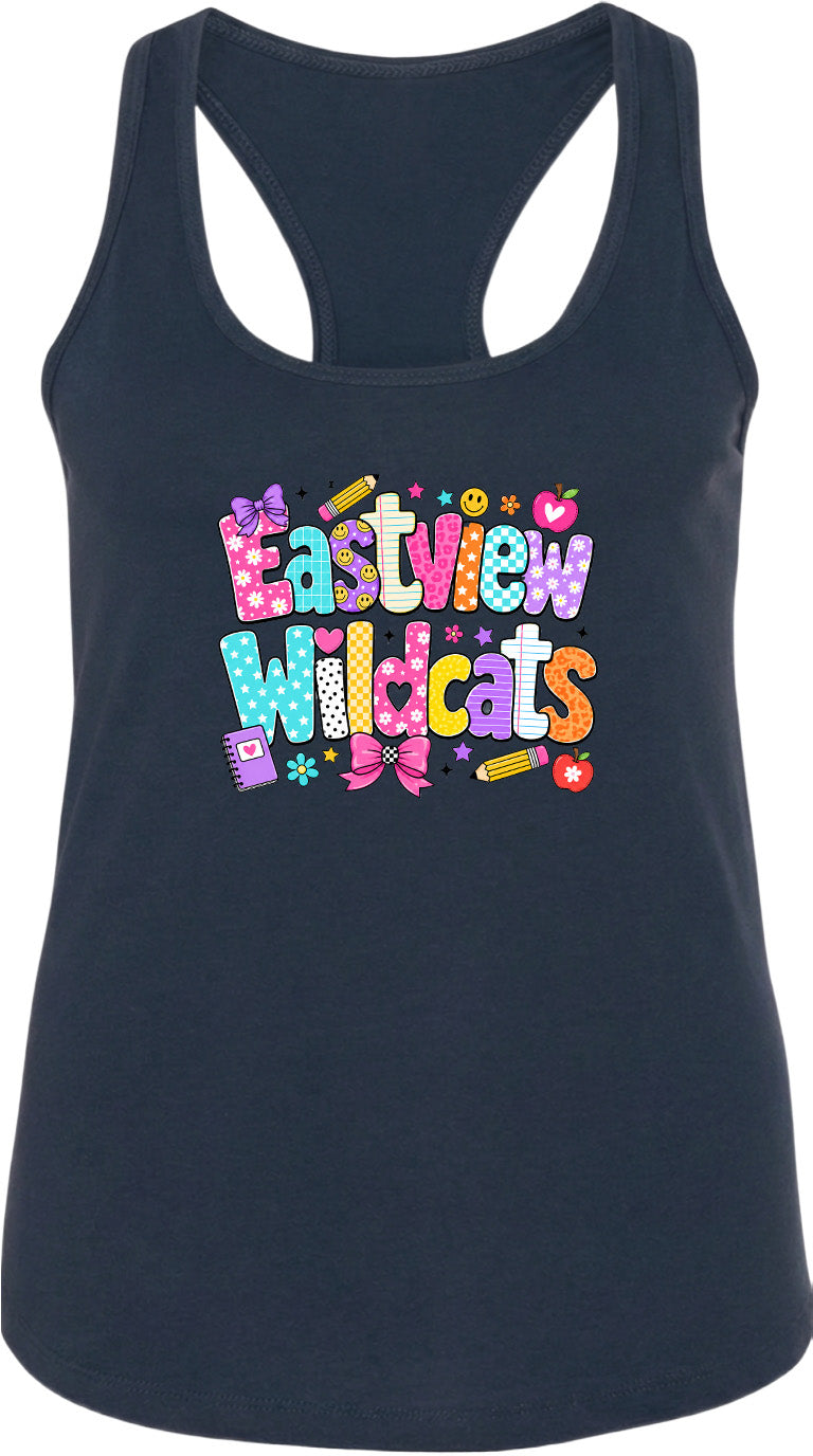 A black tank top with a colorful graphic design featuring the text "Eastview Wildcats" in a playful, cartoon-like font.