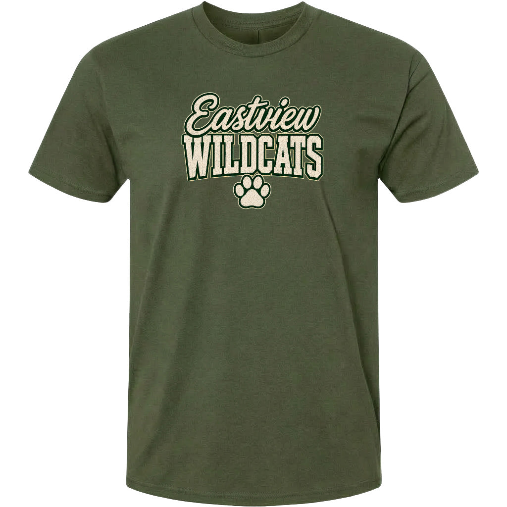 A green t-shirt with the text "Eastview Wildcats" printed on it.