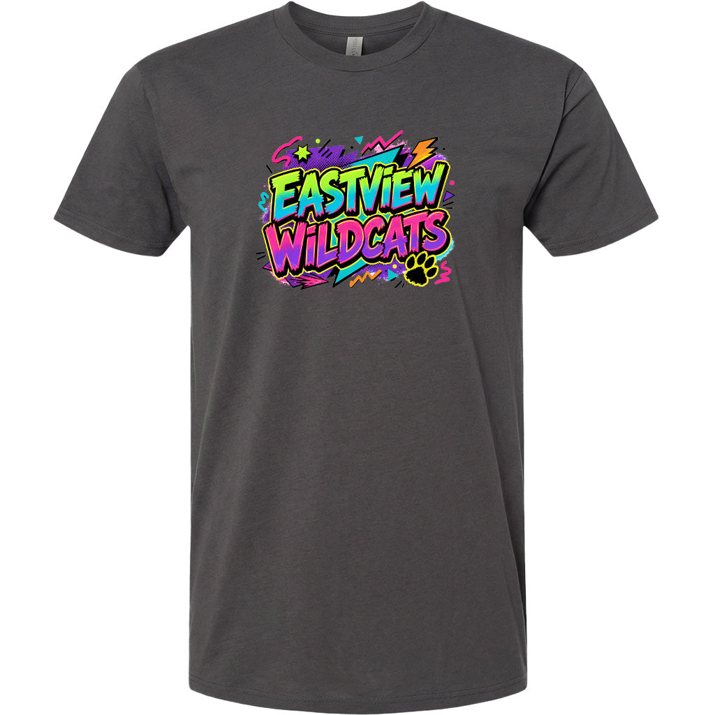 A gray t-shirt with a colorful graphic design featuring the text "EASTVIEW WILDCATS" in a vibrant, graffiti-style font.