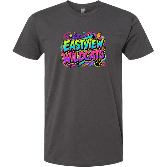 A gray t-shirt with a colorful graphic design featuring the text "EASTVIEW WILDCATS" in a vibrant, graffiti-style font.