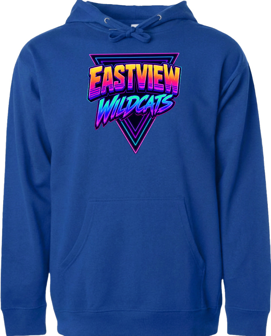 A blue hoodie with a graphic design featuring the text "EASTVIEW WILDCATS" in a colorful, retro-style font.