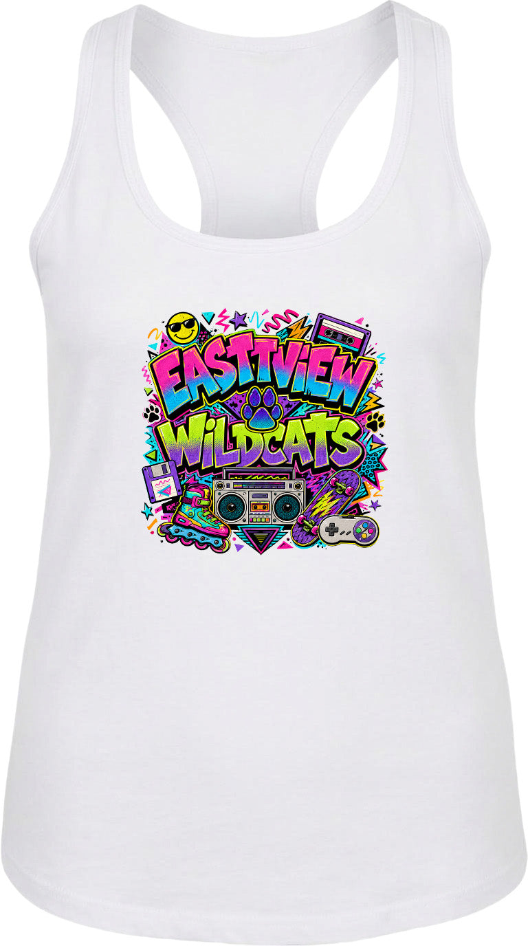A white tank top with a colorful graphic design featuring the text "EASTVIEW WILDCATS" surrounded by various icons and symbols, such as a boombox, sunglasses, and a lightning bolt.
