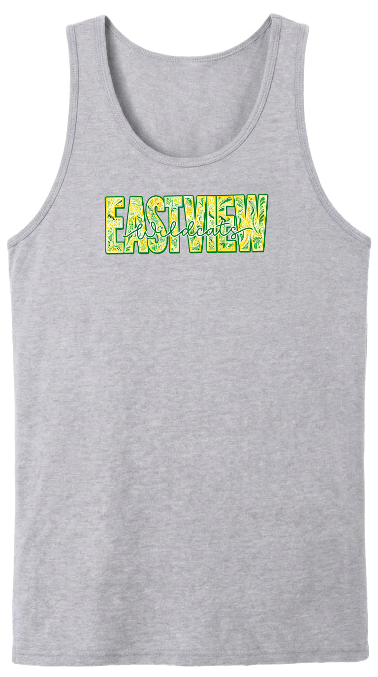 A gray tank top with the word "EASTVIEW" printed in green and yellow letters across the front.