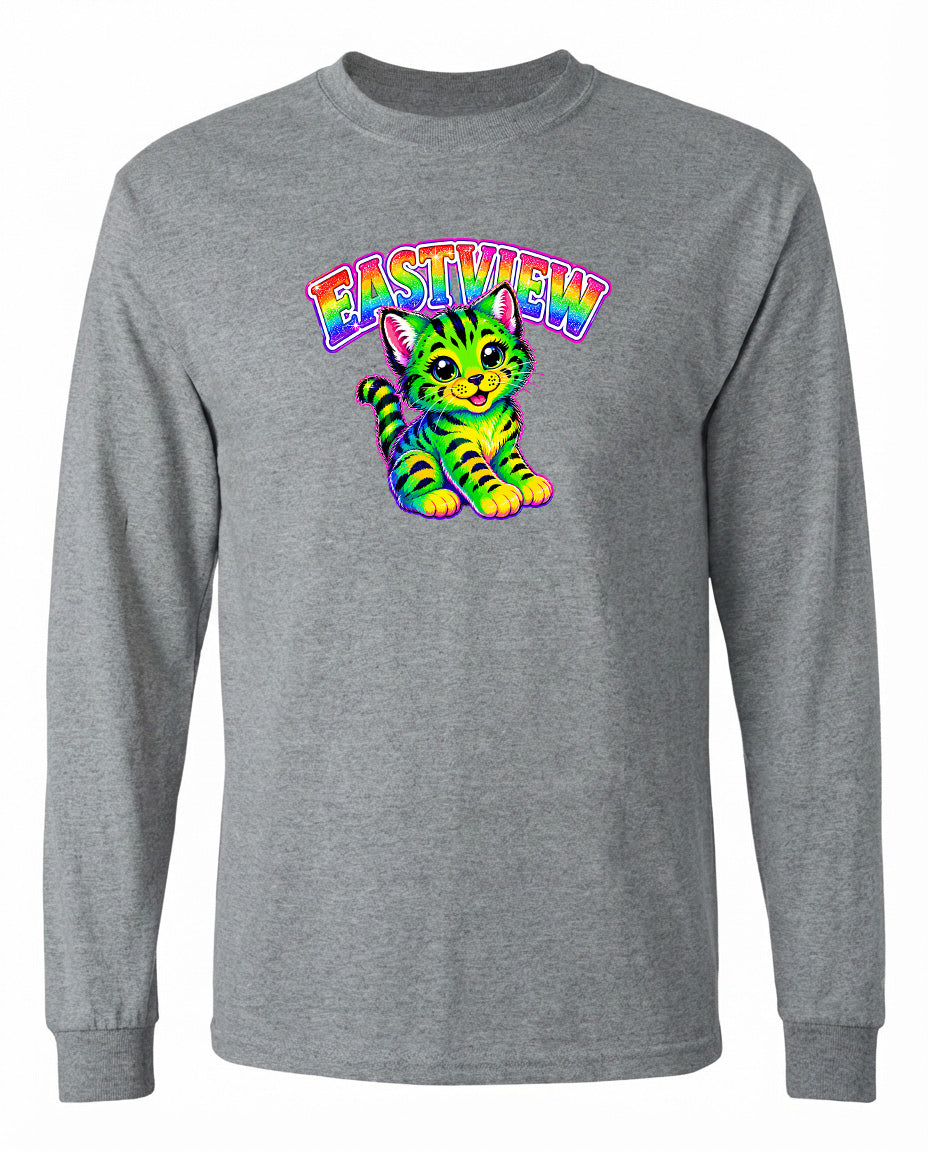A gray long-sleeved t-shirt with a colorful graphic of a cat and the text "EASTVIEW" printed on it.