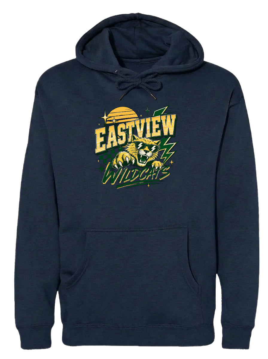 A navy blue hoodie with a graphic design featuring a panther and the text "EASTVIEW WILDCATS" printed on it.