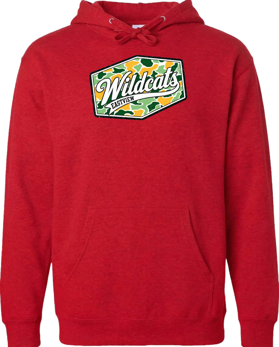 A red hoodie with a camouflage-patterned logo on the front.