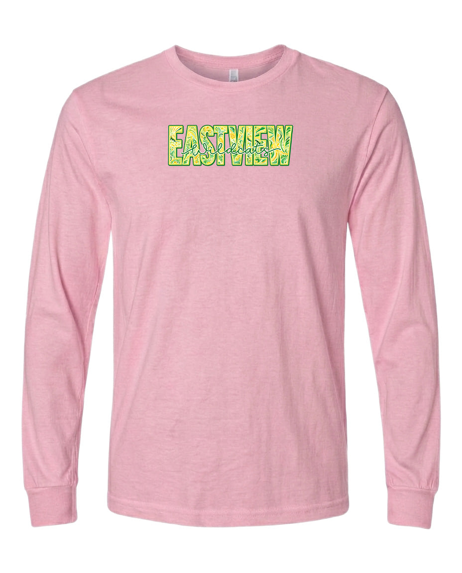 A pink long-sleeved t-shirt with the text "EASTVIEW" printed on it in a stylized font.