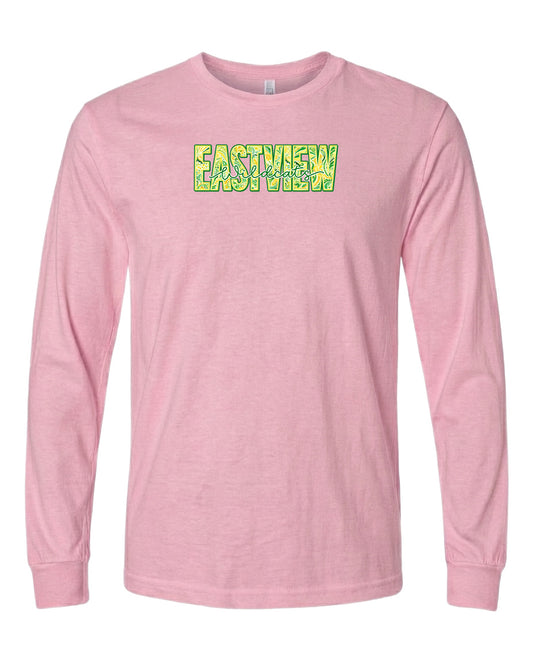 A pink long-sleeved t-shirt with the text "EASTVIEW" printed on it in a stylized font.