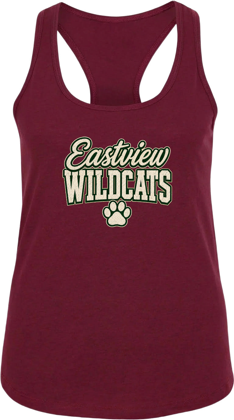 A burgundy-colored tank top with the text "Eastview Wildcats" printed on it.