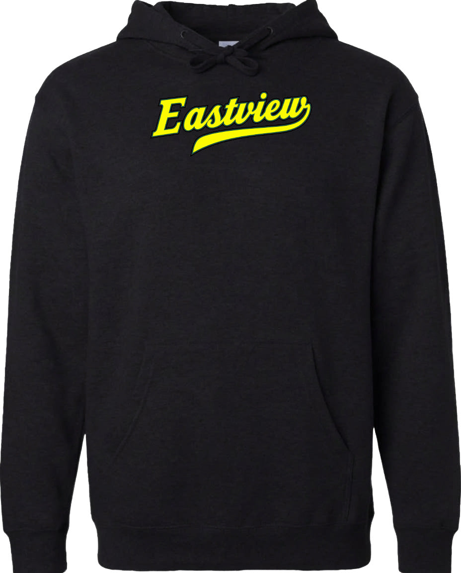 A black hoodie with the word "Eastview" printed in yellow on the front.