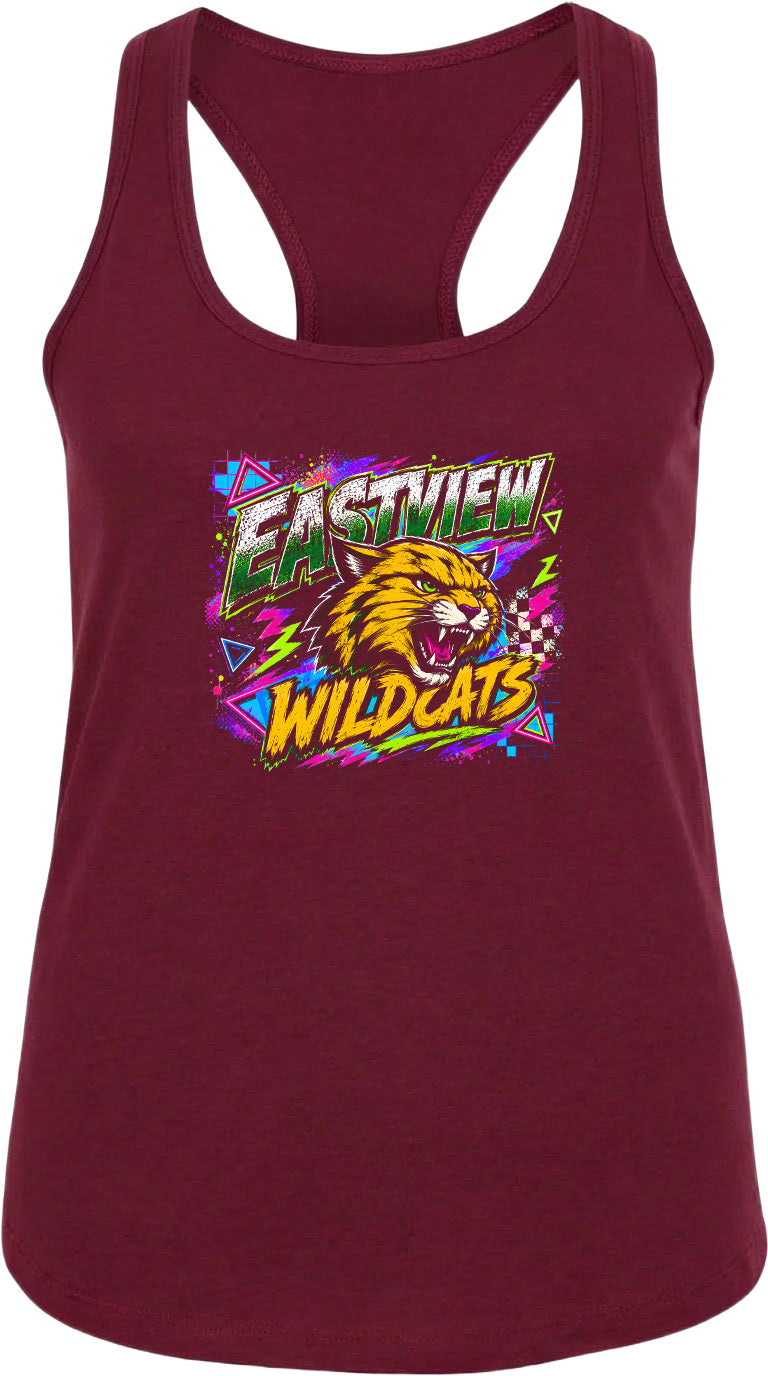 A burgundy tank top with a graphic design featuring a cat's head and the text "EASTVIEW WILDCATS" in a colorful, retro-style font.