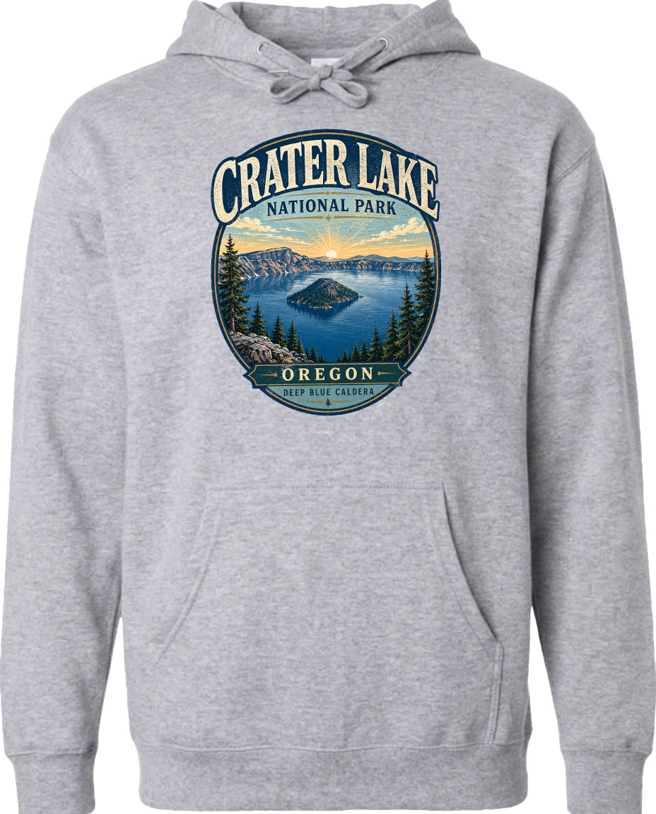 A gray hoodie with a graphic design depicting Crater Lake National Park in Oregon.