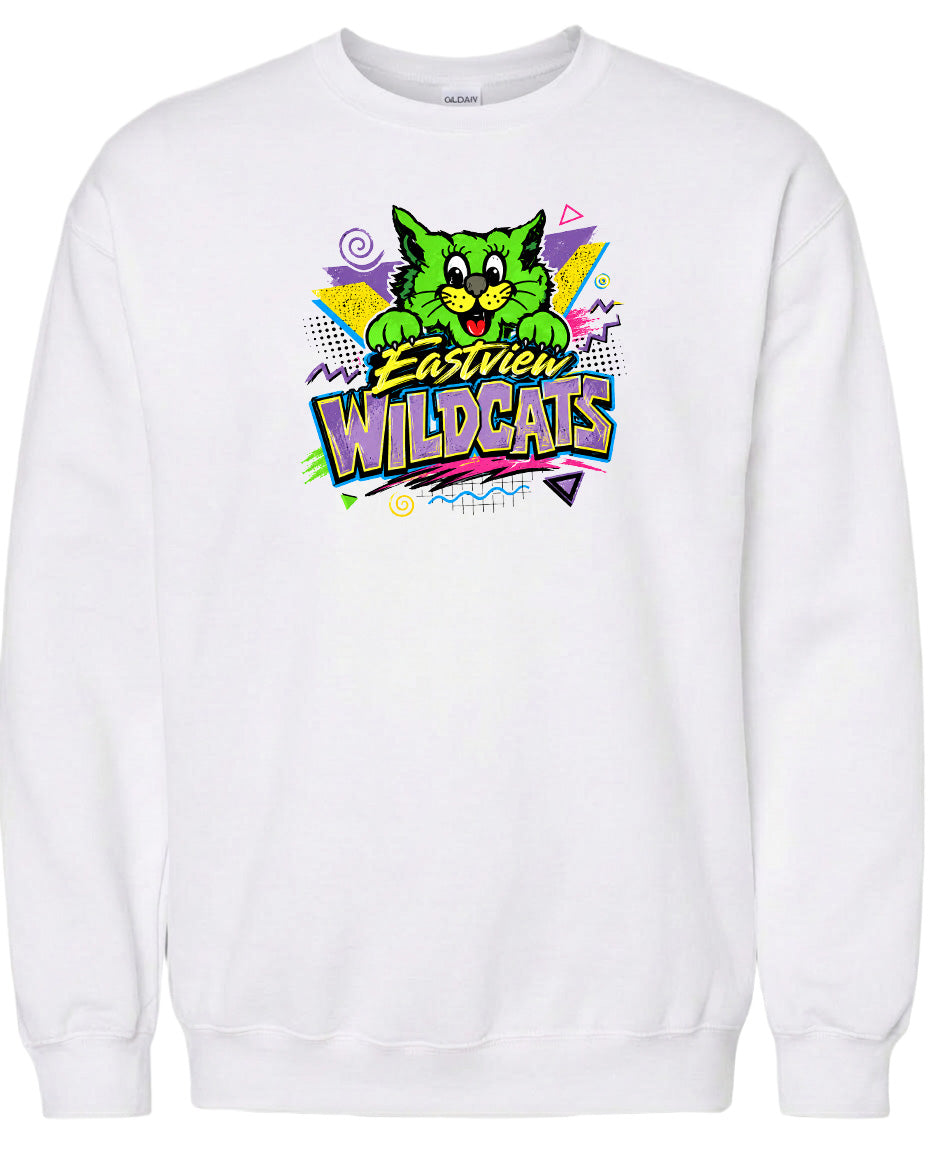 A white sweatshirt with a colorful graphic design featuring a cartoon cat and the text "Eastview Wildcats".