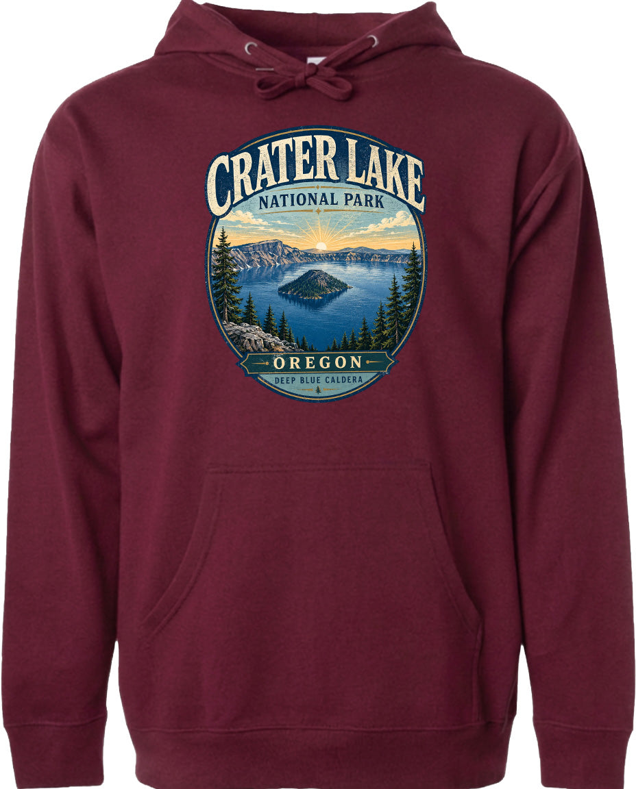 A maroon hoodie with a graphic design depicting Crater Lake National Park in Oregon.