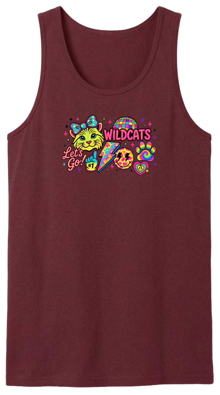 A burgundy tank top with a colorful graphic design featuring a cartoon cat, a lightning bolt, and various other elements.