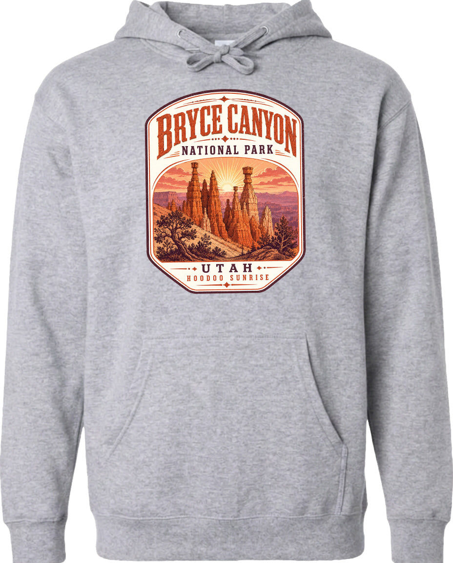 A gray hoodie with a graphic design depicting the Bryce Canyon National Park in Utah.