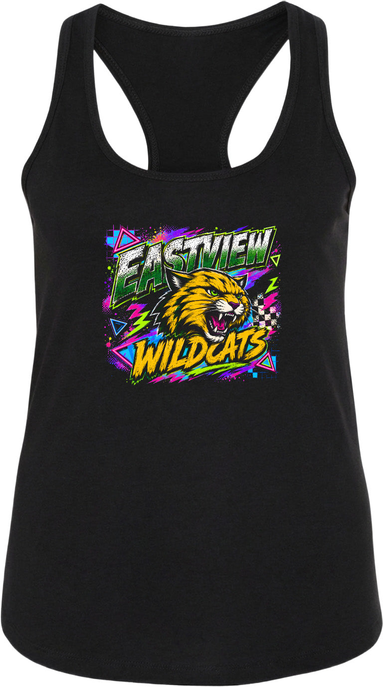 A black tank top with a colorful graphic design featuring a cat's head and the text "EASTVIEW WILDCATS" in a vibrant, retro-style font.