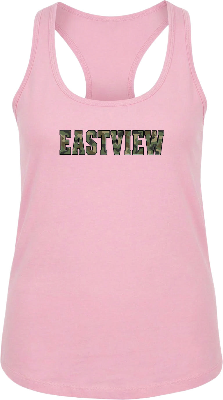 A pink tank top with the word "EASTVIEW" printed on it in a camouflage pattern.