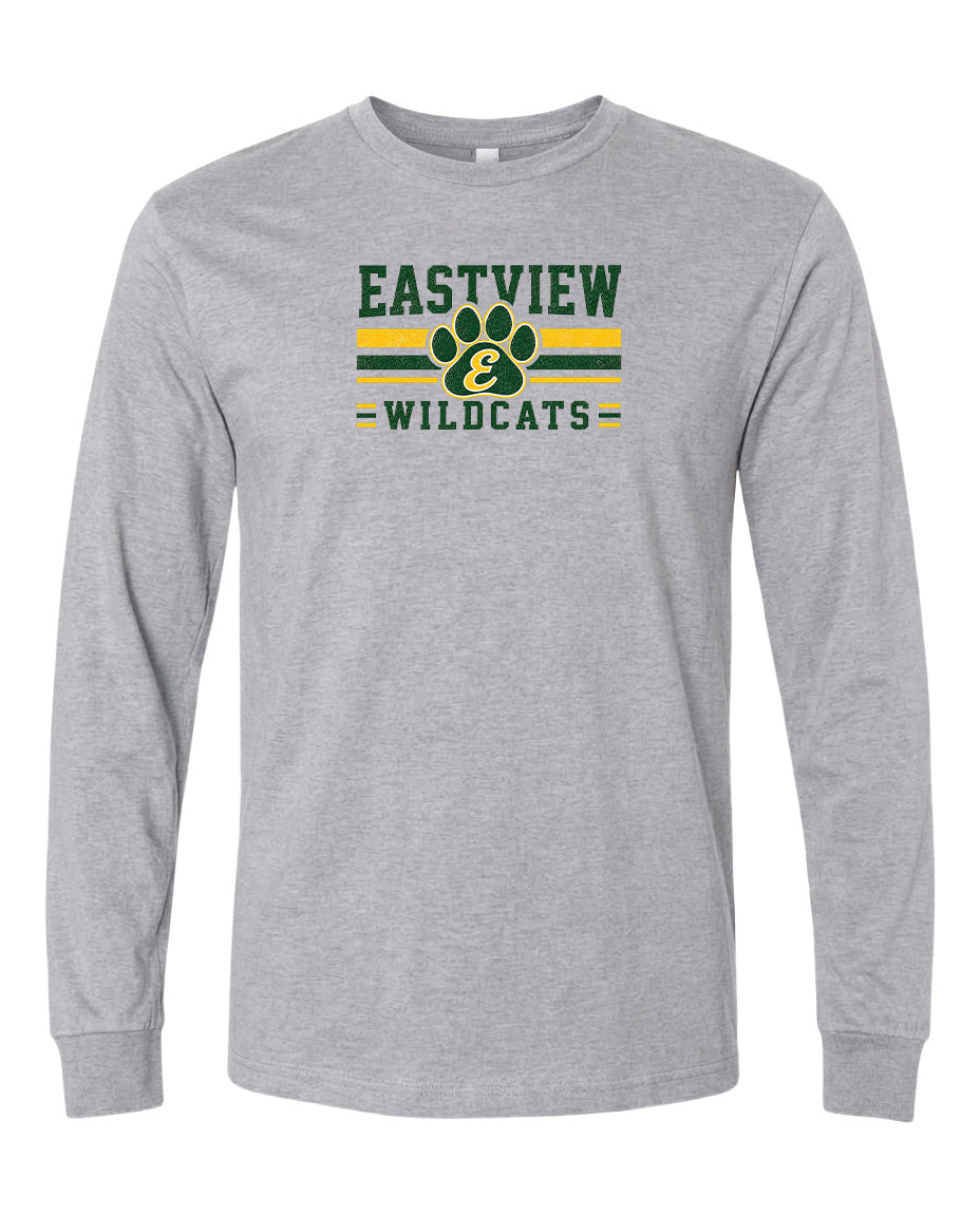 A gray long-sleeved t-shirt with a graphic design featuring the text "EASTVIEW WILDCATS" and a paw print symbol.
